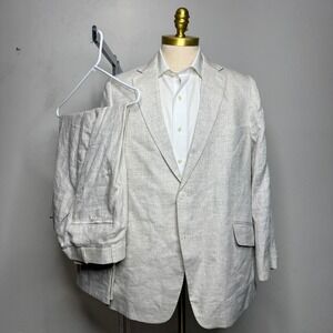 Mens Custom Tailored 44S 38W Linen Blend Suit Beige